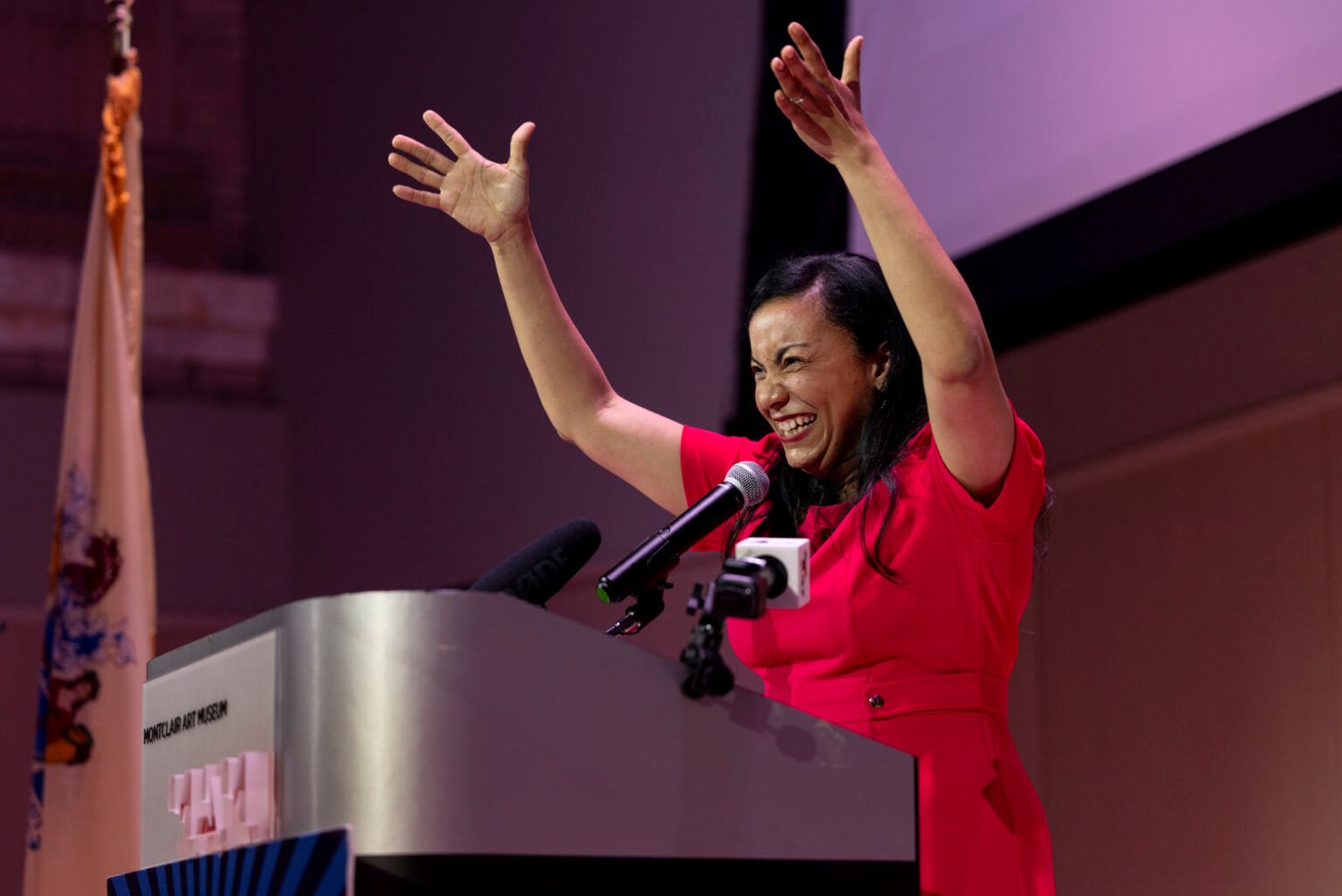 Analilia Mejia celebrates her victory over Joe Hathaway in the NJ 11th Congressional District special election at Montclair Art Museum, Montclair, Thursday April 16, 2026. (Anne-Marie Caruso/New Jersey Monitor)